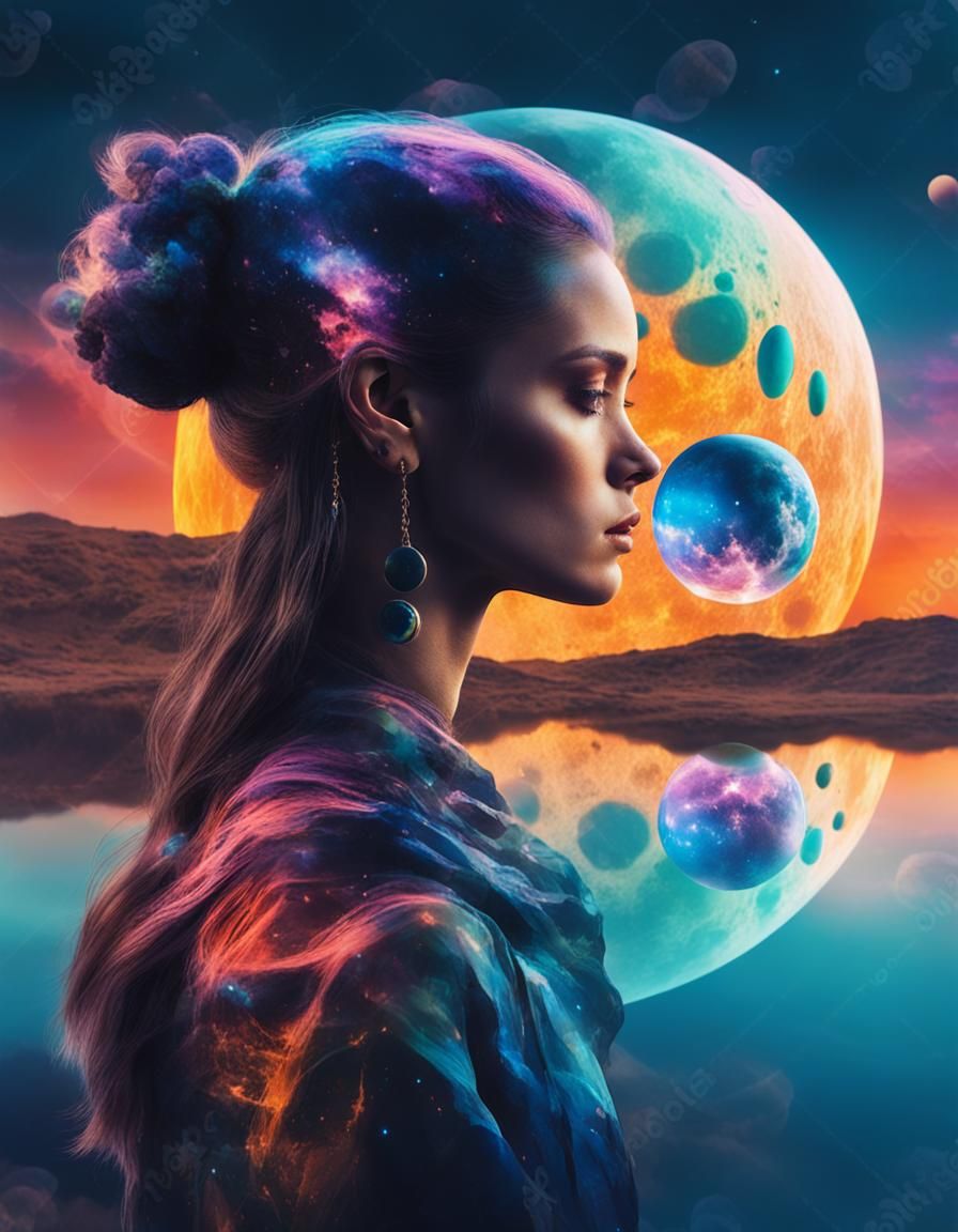 Double exposure. Side profile portrait of a beautiful woman....