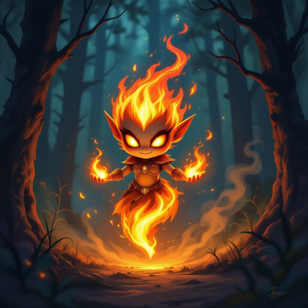 Fiery Sprite in Mystical Forest Clearing
