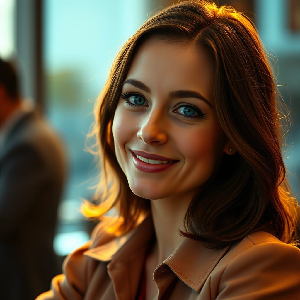 Warmly Smiling Woman in Cinematic Lighting