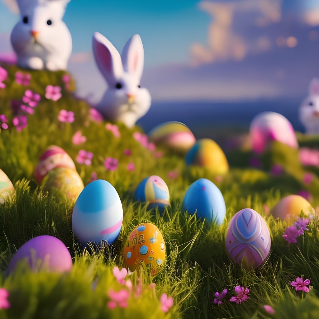 Fantasy Easter Bunny Landscape with Giant Eggs