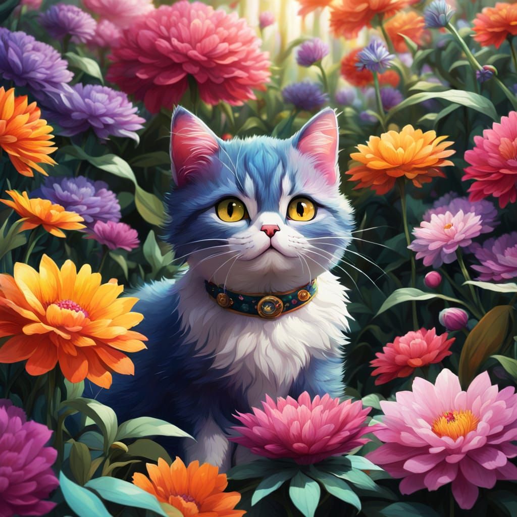 Whimsical Feline Playtime in Vibrant Floral Wonderland