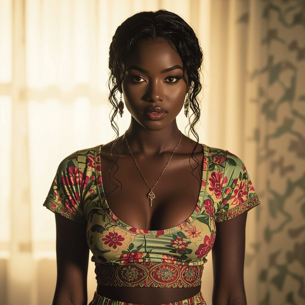 Ebony Woman in Wet Tee: Cinematic Film Still