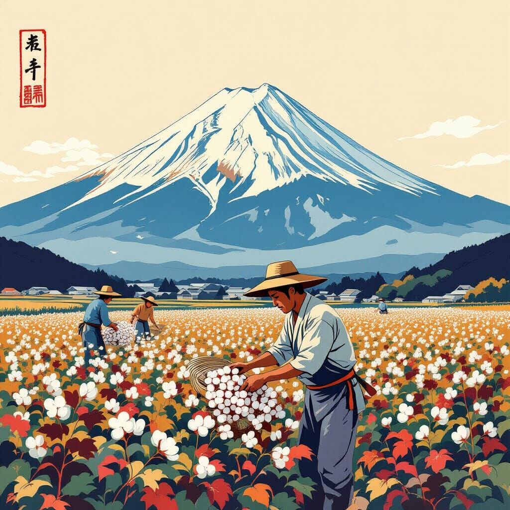 Mount Fuji Cotton Harvest Inspired by Hokusai
