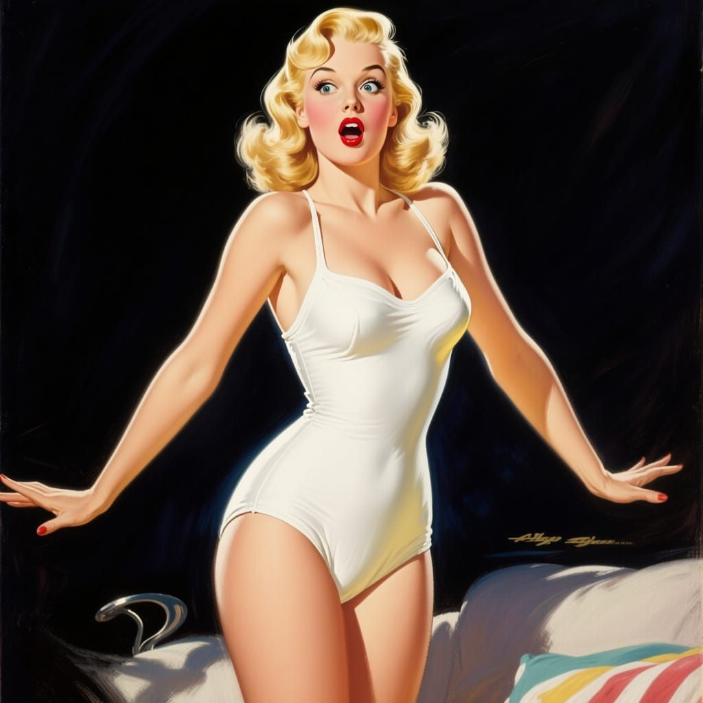 Surprised Woman in Retro Swimsuit, Hyperrealistic Style