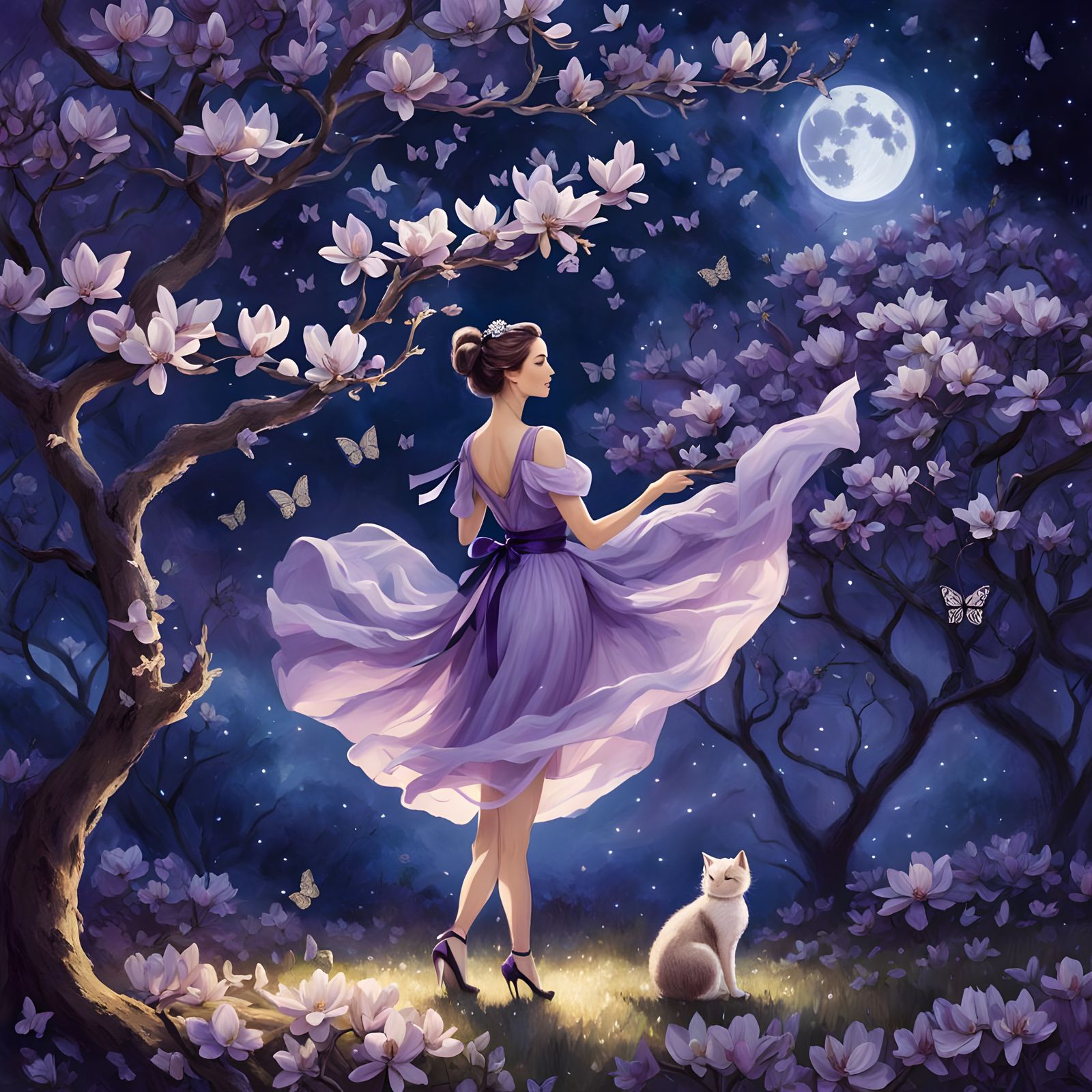 Whimsical Dreamlike Scene of a Young Woman in a Purple Dress...