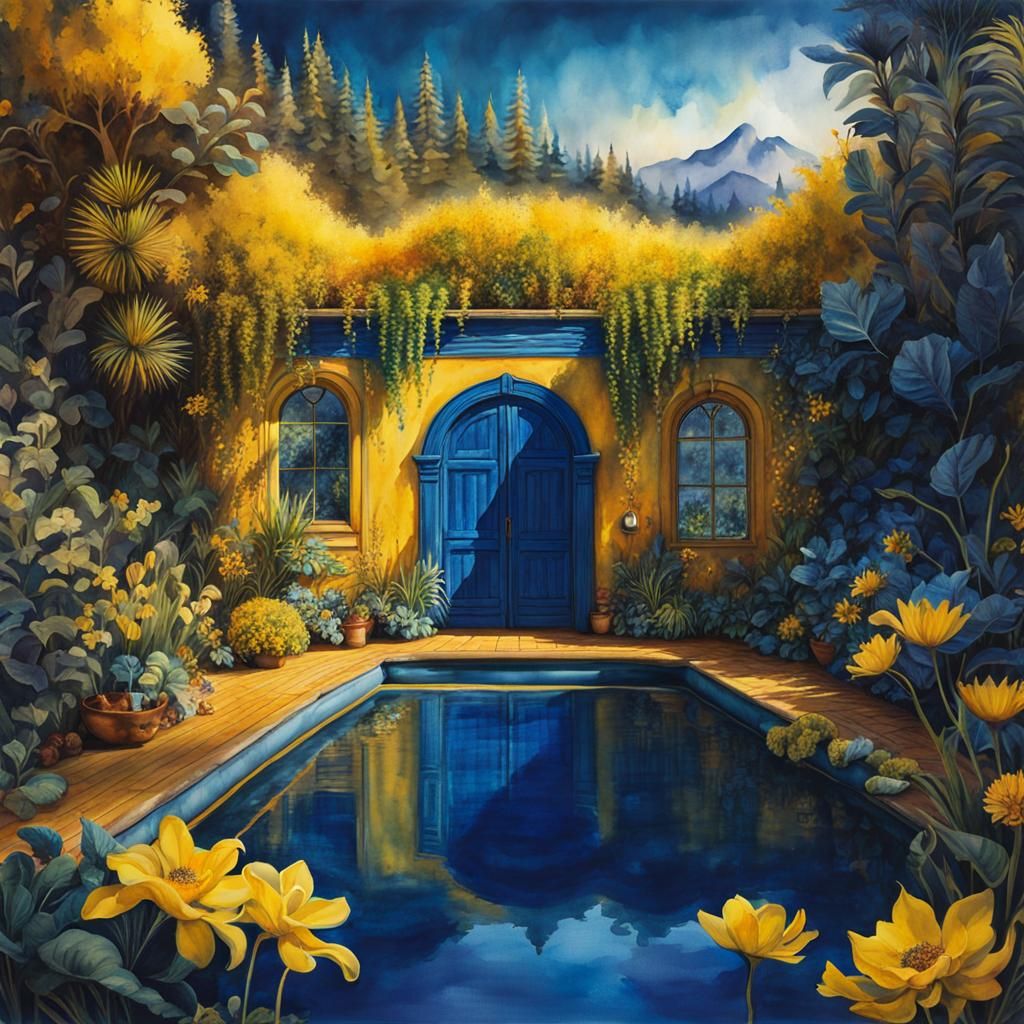 Vivid Watercolour Wilderness Pool in Blue and Yellow