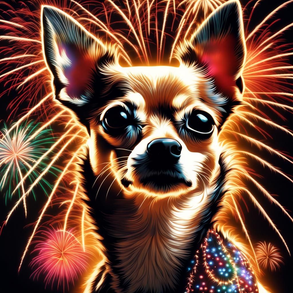 Fireworks Chihuahua Silhouette: Hyperrealistic HDR Image