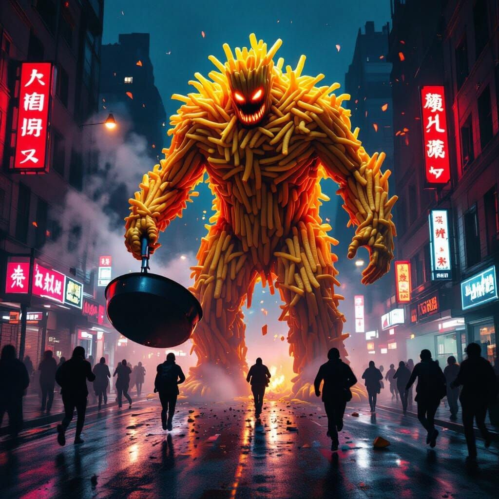Giant French Fry Man Attacks Neon City Street