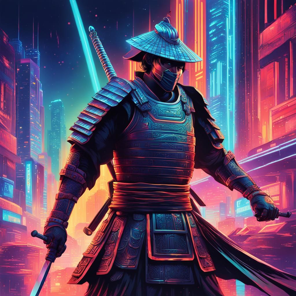 Futuristic Samurai in Neon Cityscape Art Deco Style