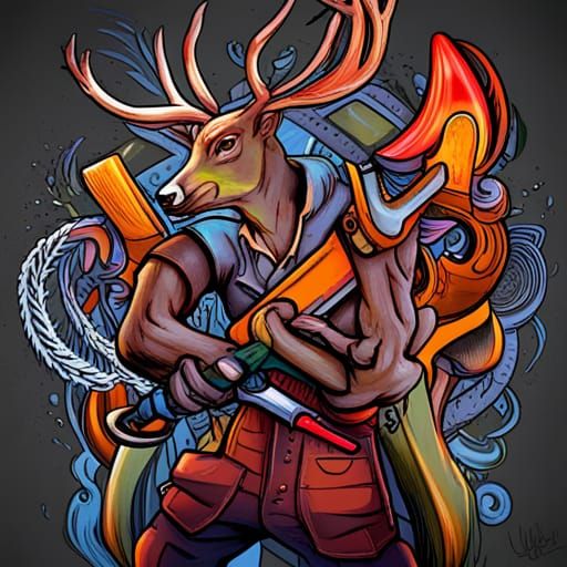 Anthro Deer Mechanic with Wrench in Graffiti Art Style