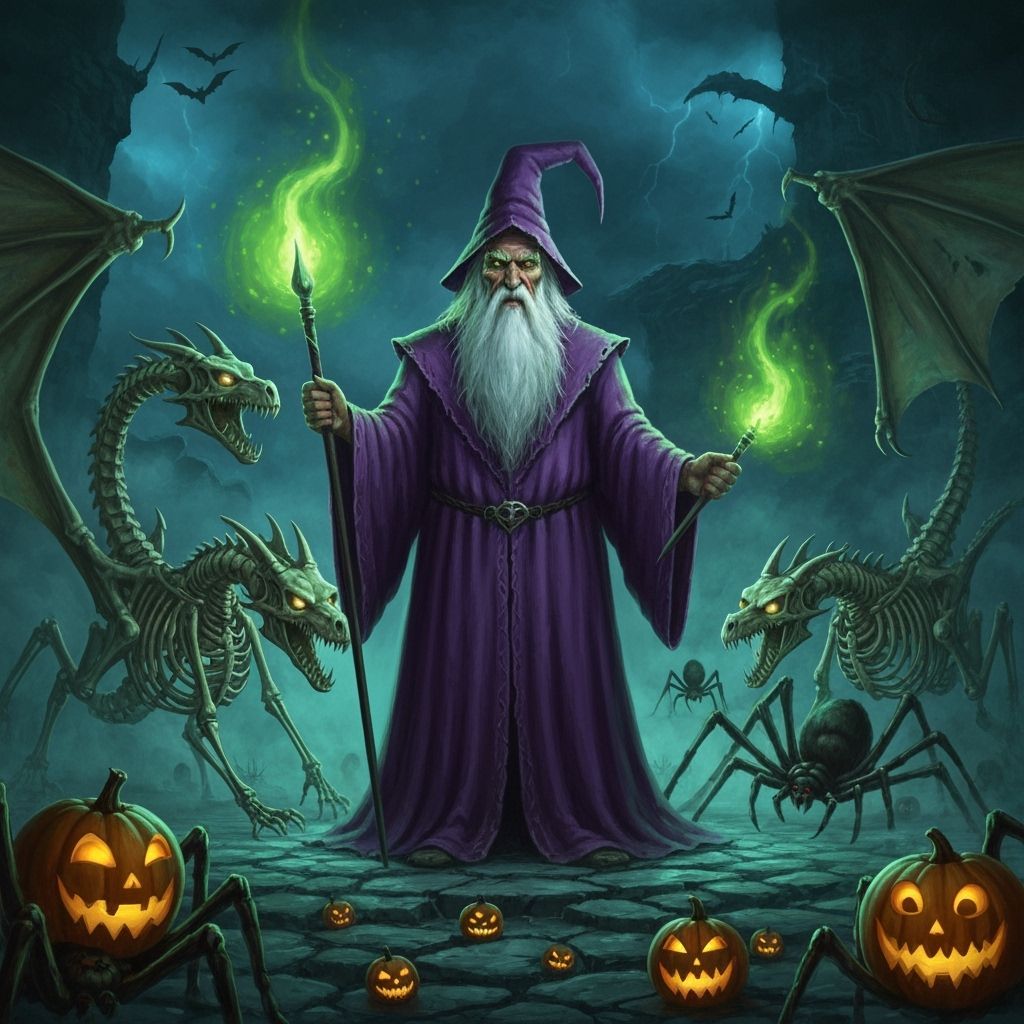Wizard on Halloween Night with Dragons and Spiders