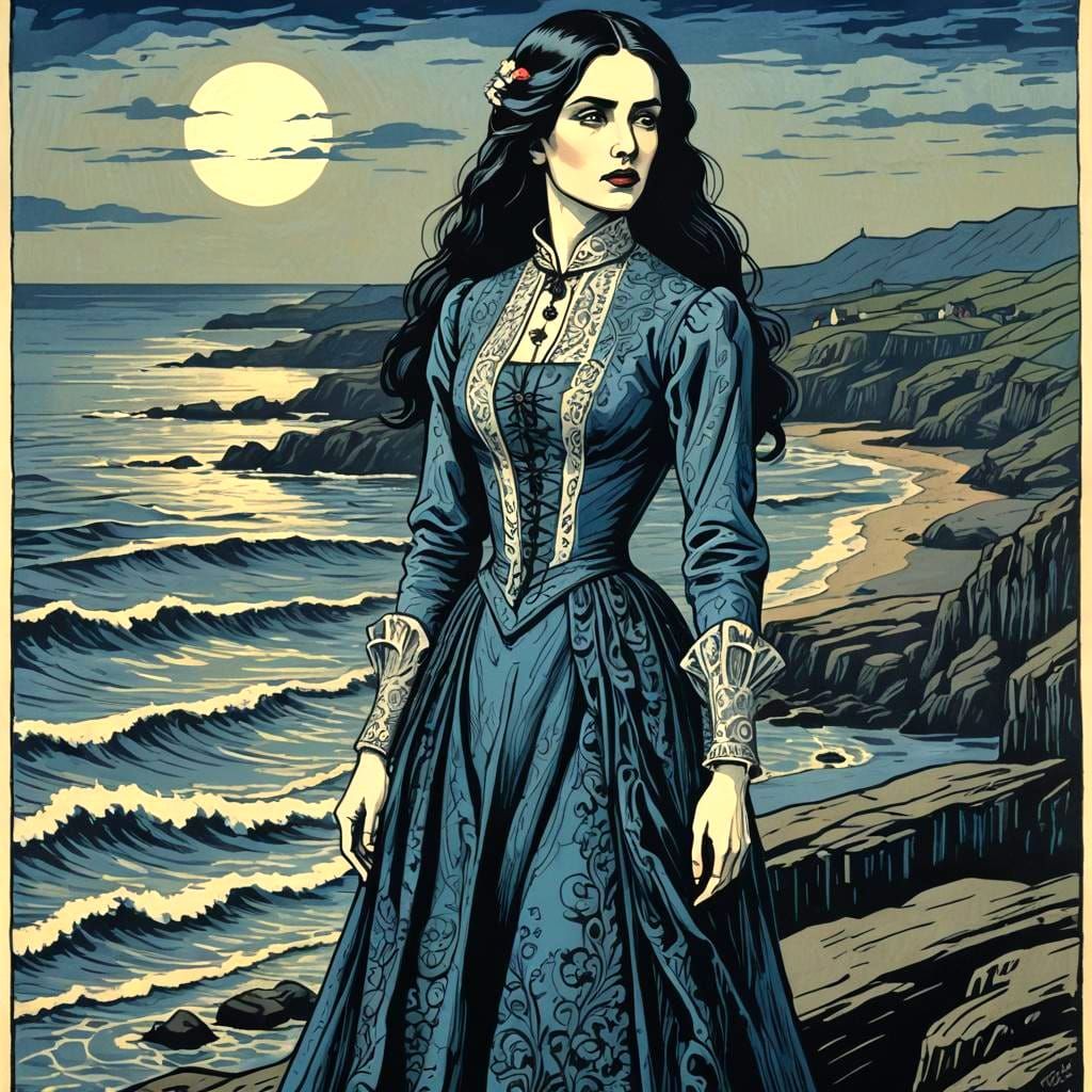 Mina Murray on Coastline in Woodcut Style