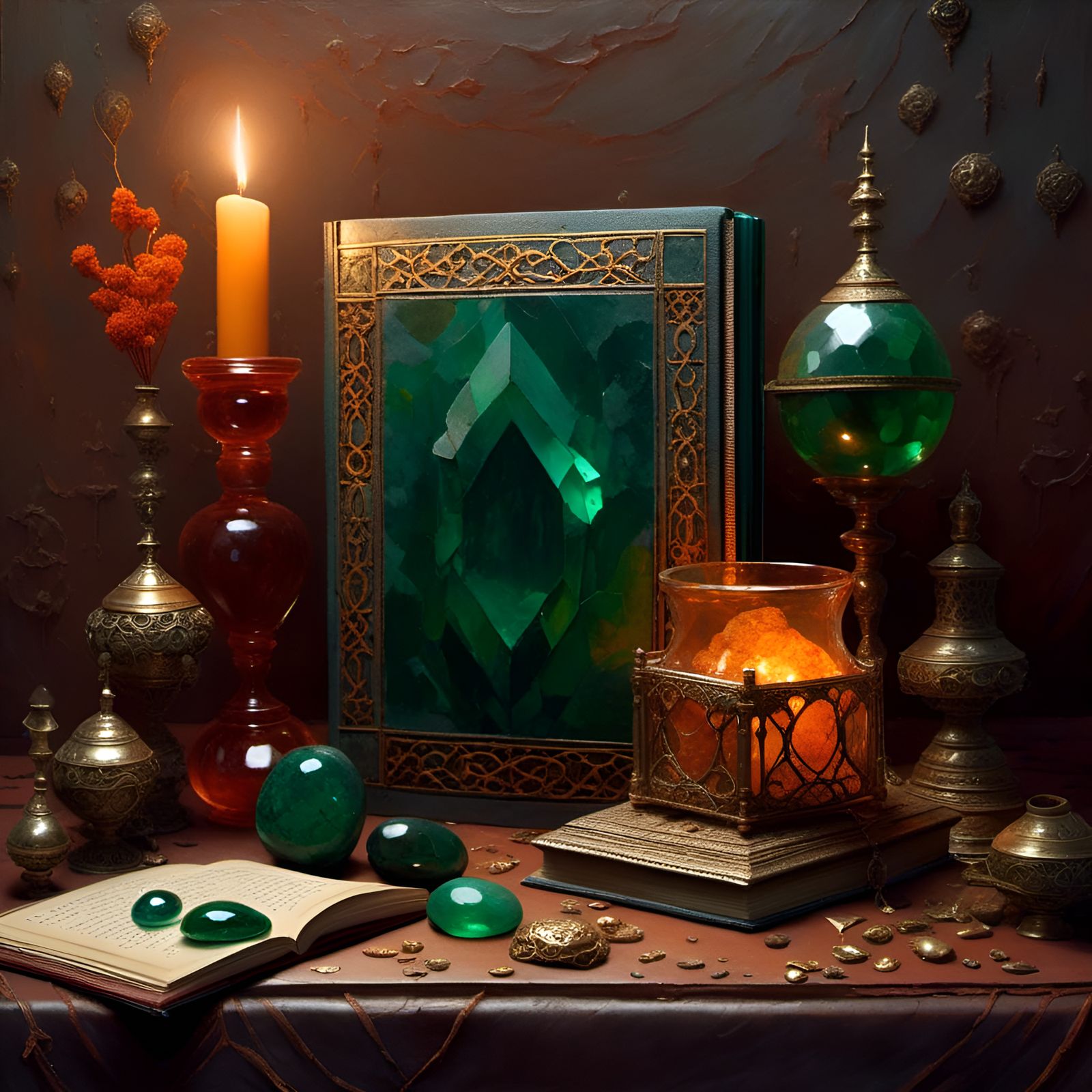 Ornate Book Decorated with Emerald and Amber Stones