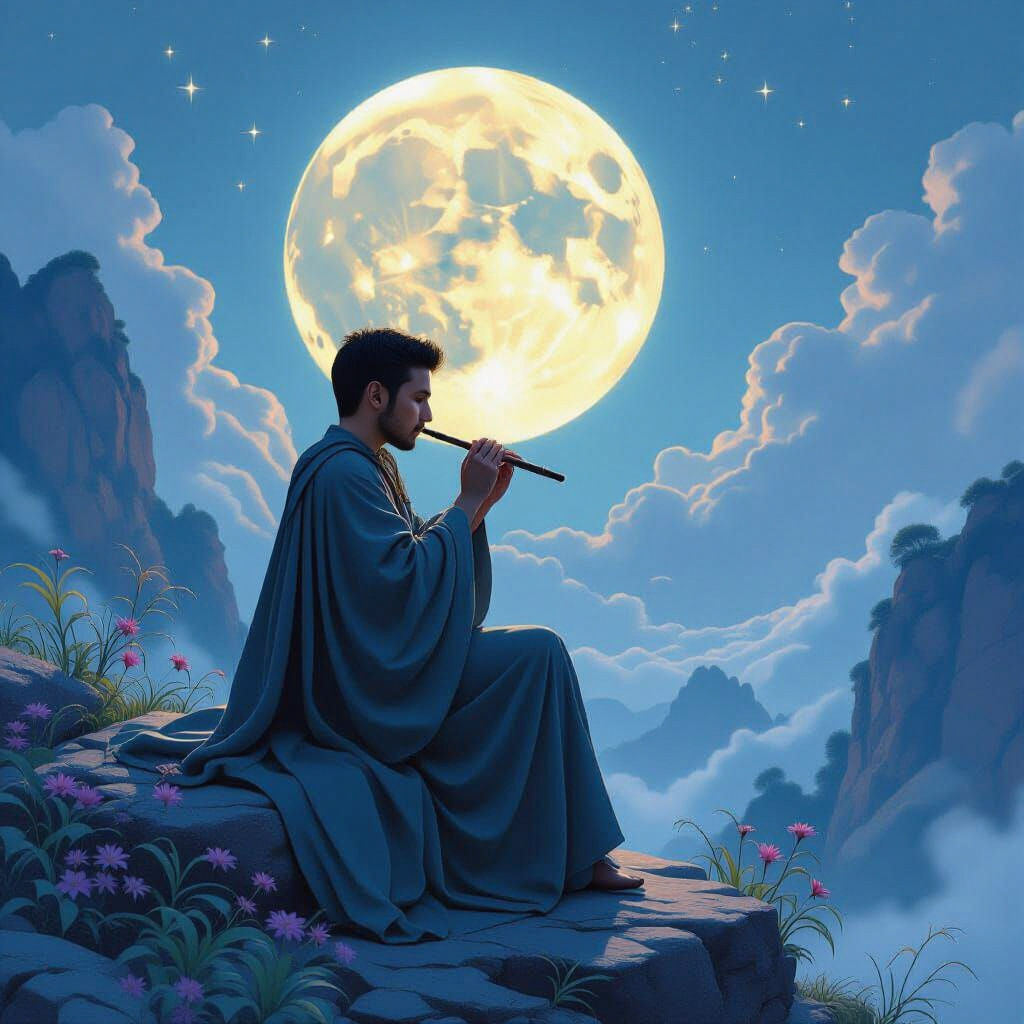 Man Plays Flute in Moonlight with Magical Backdrop