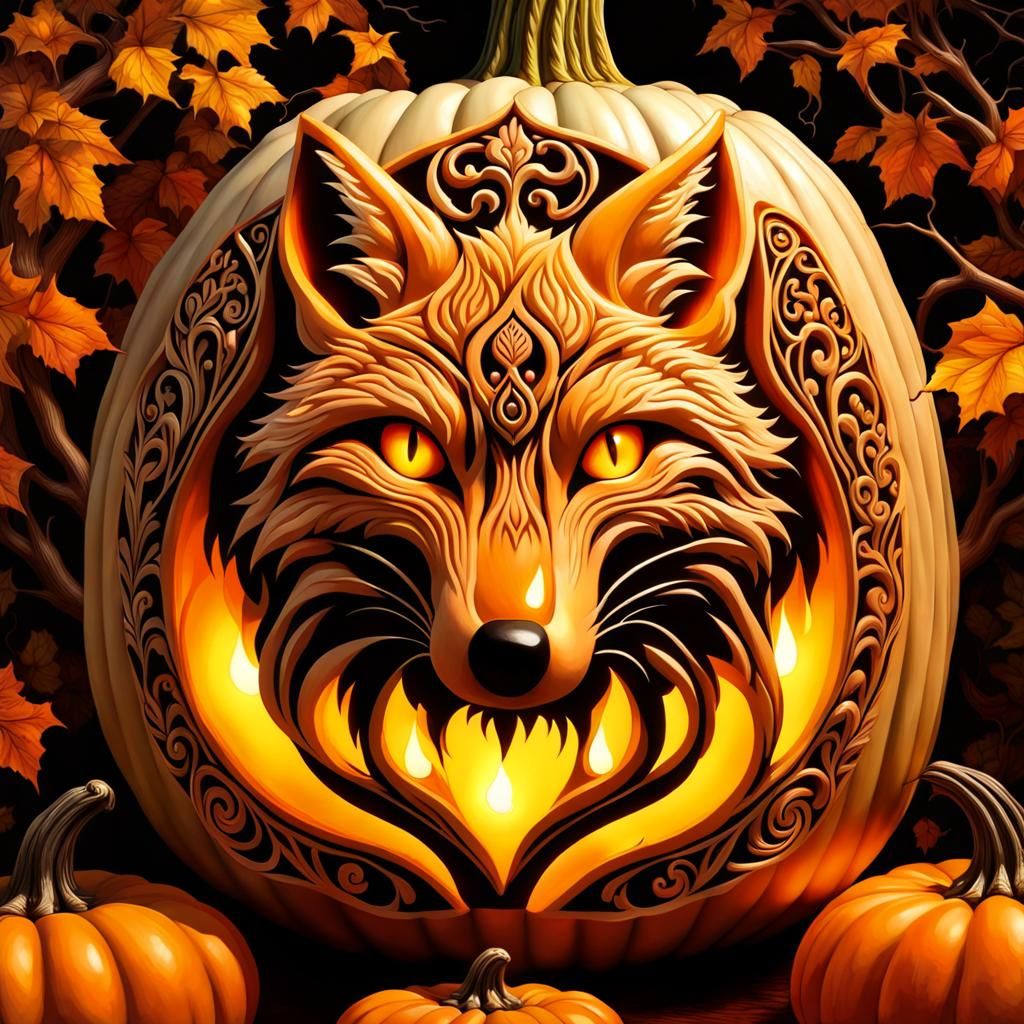 Ornate Pumpkin Carving of a Fox Spirit