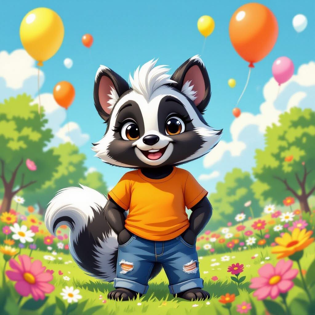 Skunk Character in Park with Balloons, Animated Style