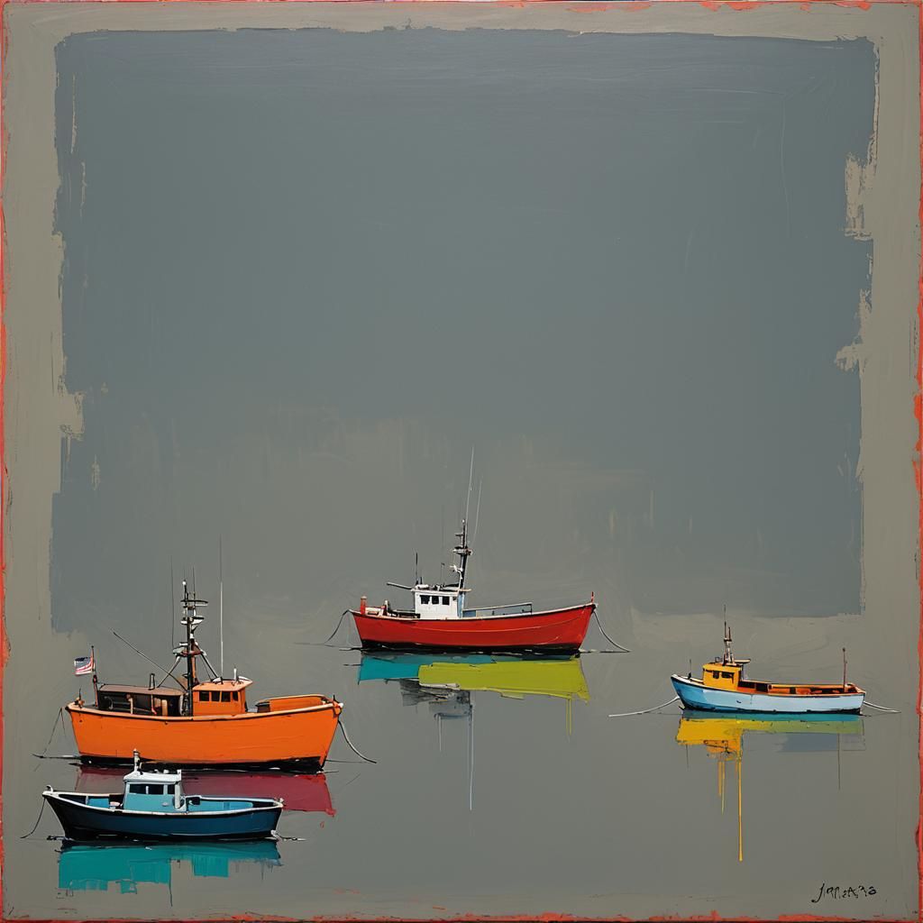 Abstract Boats in Rothko Style with Neon Accents