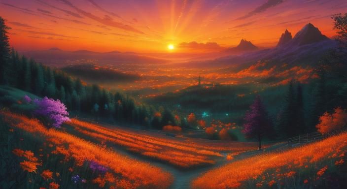 Ethereal Orange Sunset Landscape in Dreamy Style