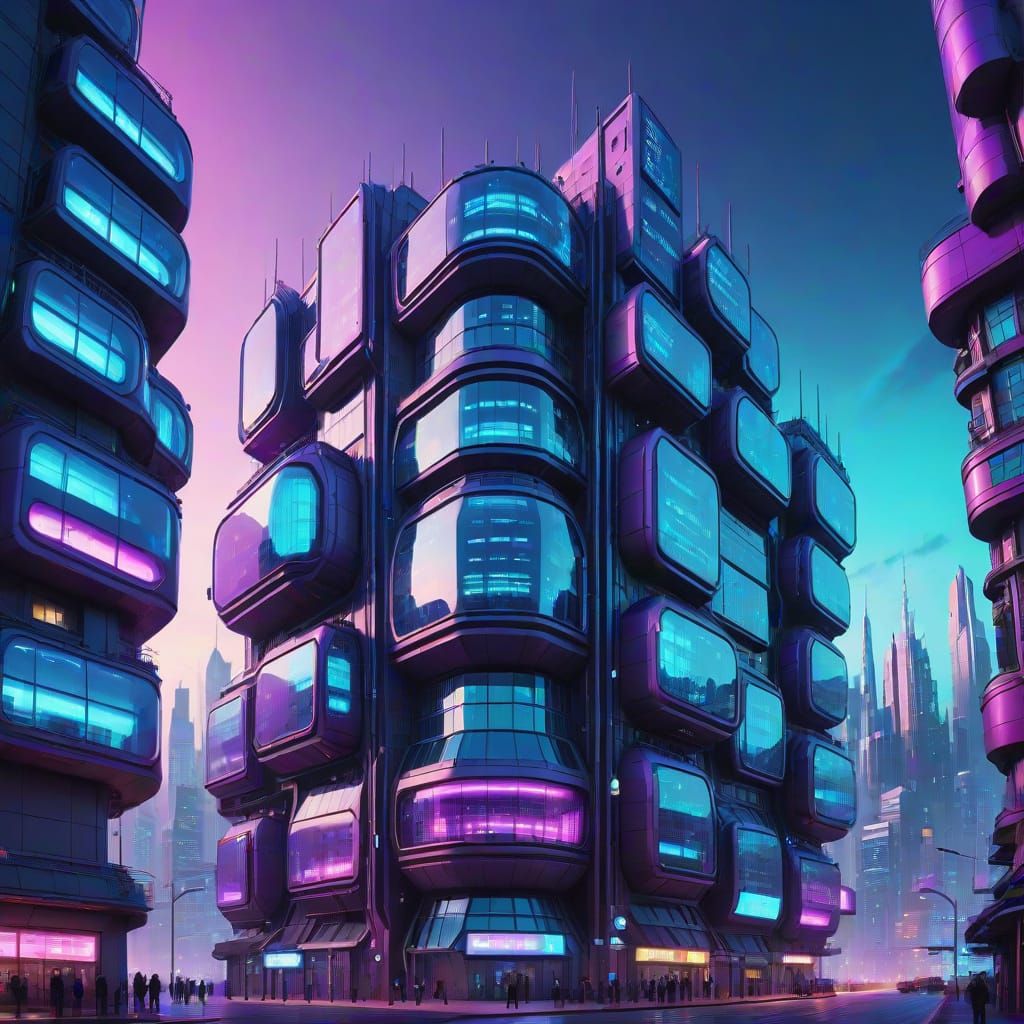 Futuristic Brain City Complex with Eyeglass Windows in Neon-...