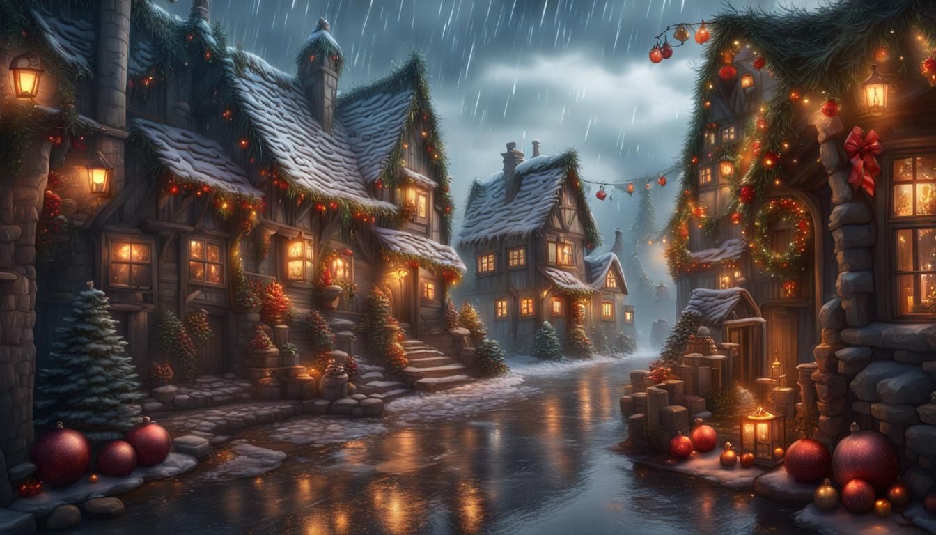 Rainy Christmas Village in Detailed Matte Painting Style
