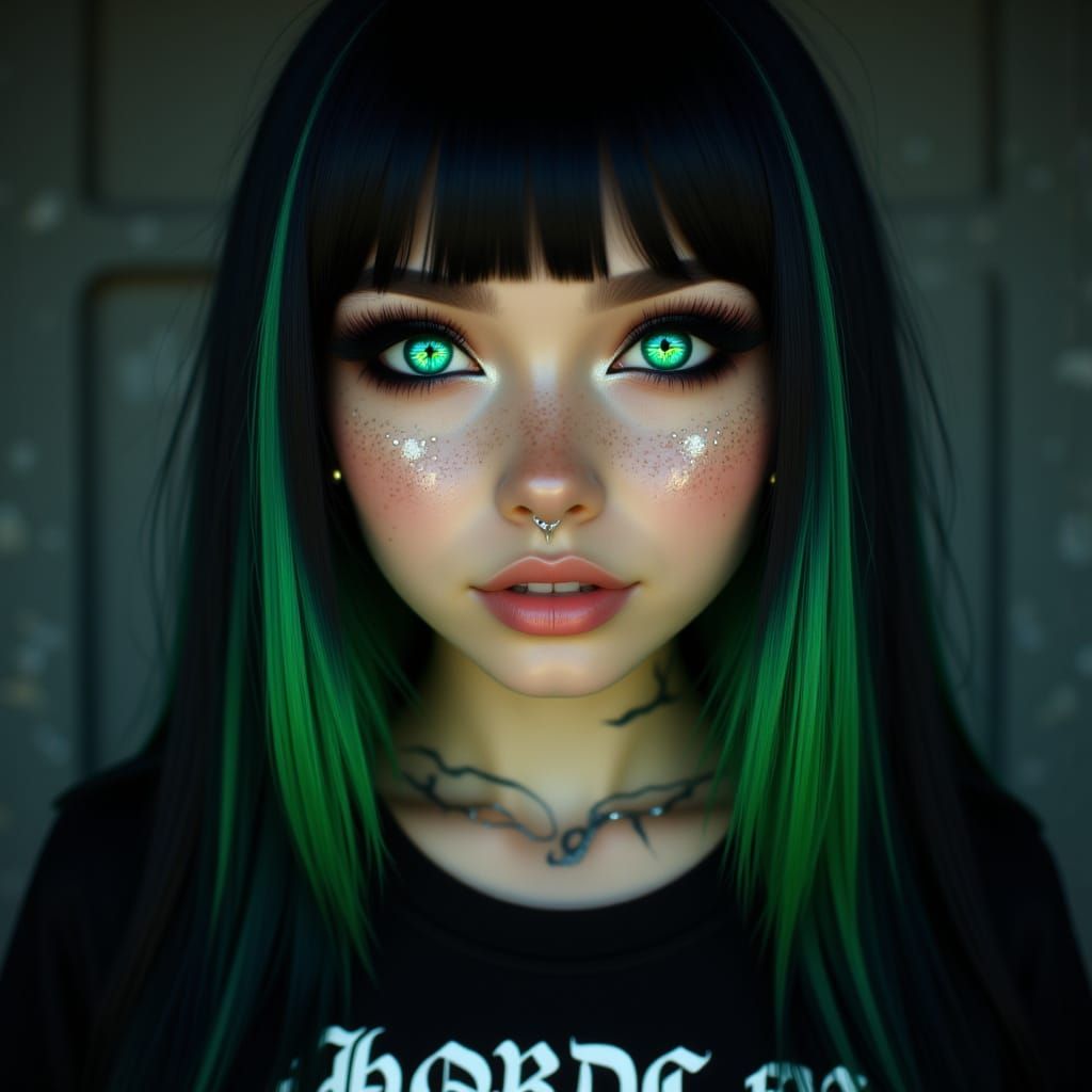 Gothic Woman with Emerald Streaks and Piercings
