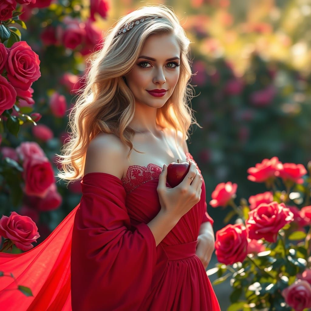 Ethereal Goddess in Crimson Gown Amidst Sun-Kissed Garden
