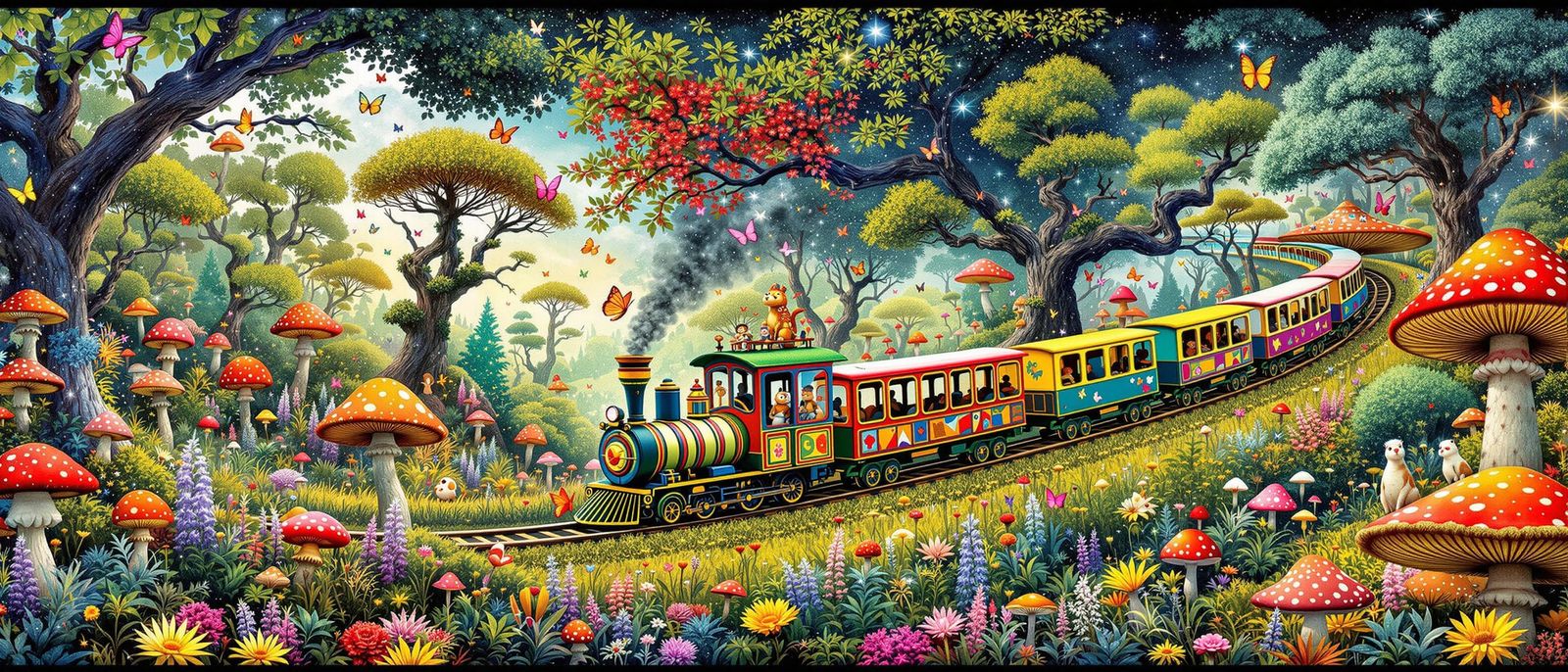 Whimsical Jungle Train with Surreal Animals and Vibrant Colo...