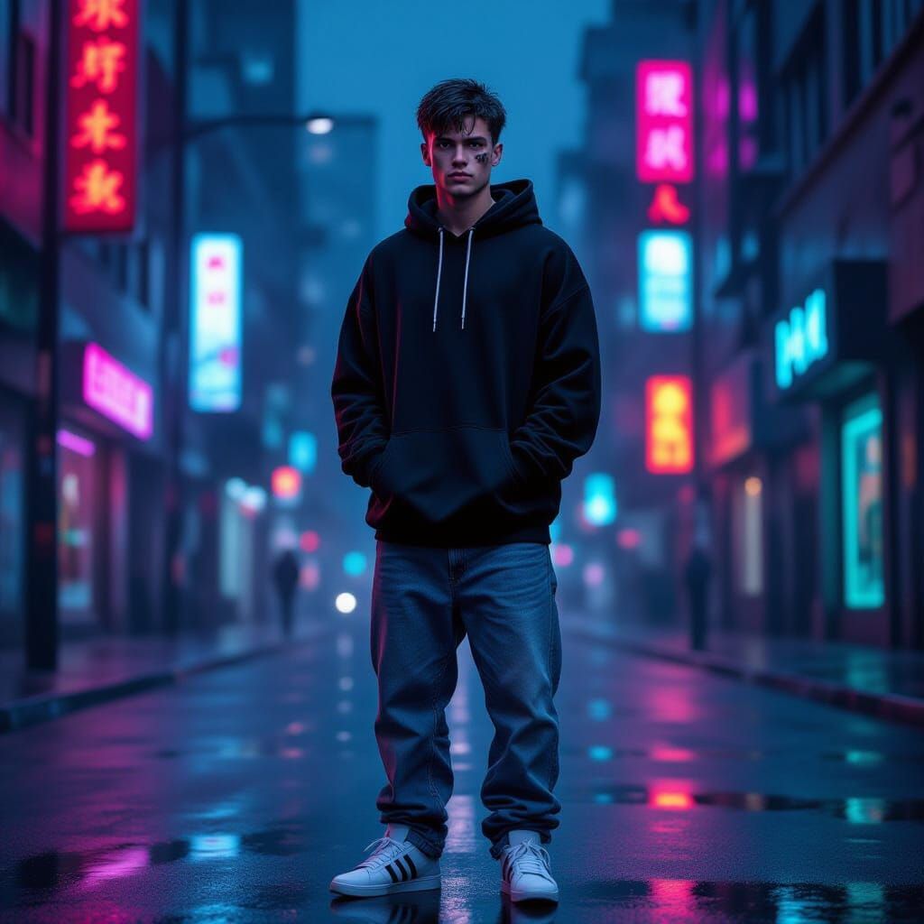 Cyberpunk Young Man Standing on Neon Street