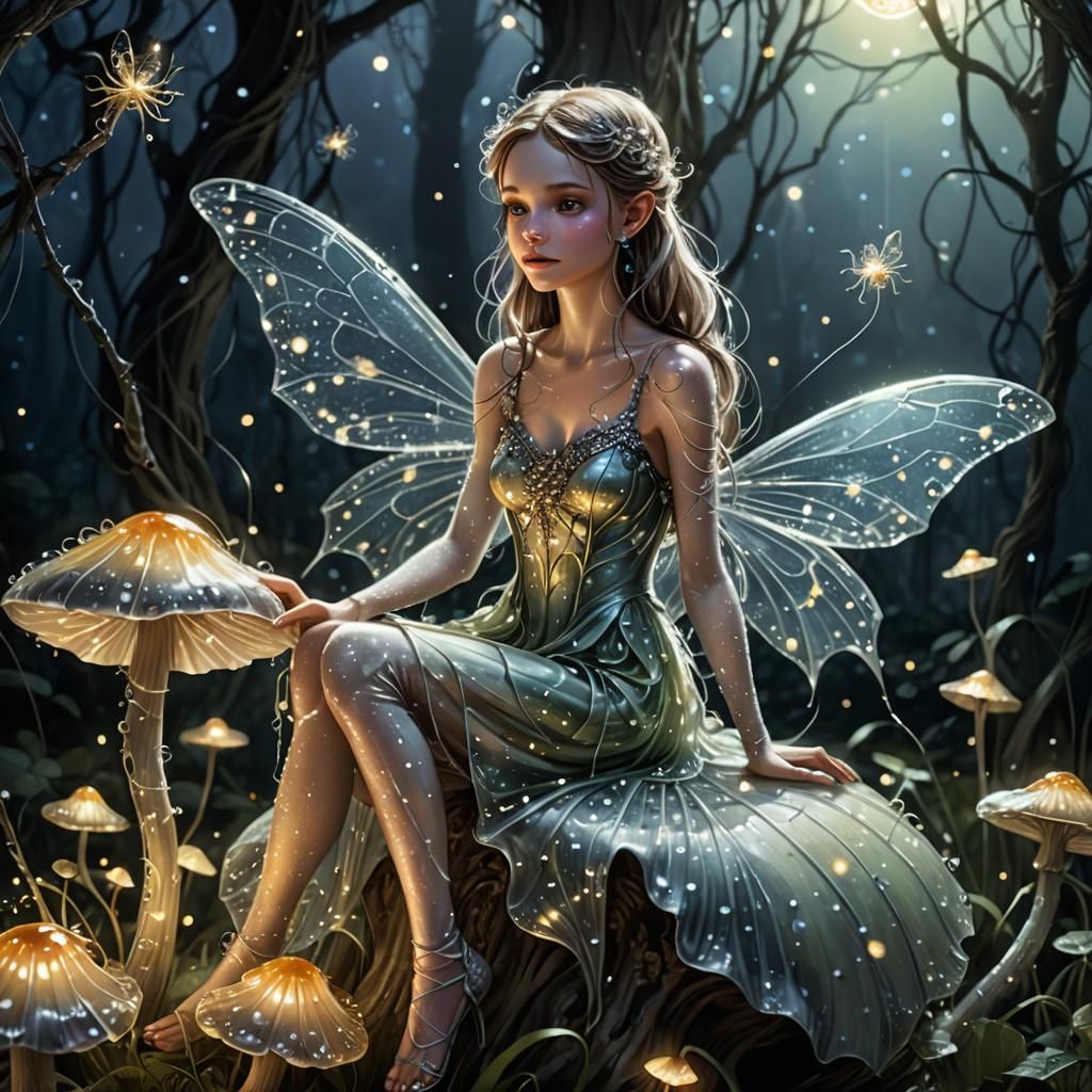 Glowing Fairy on Silver Mushroom in Digital Painting