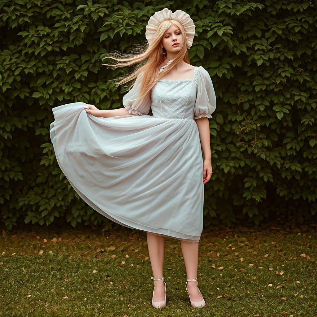 Elegant Youth Vulnerably Exposed in Whimsical Garden Scene