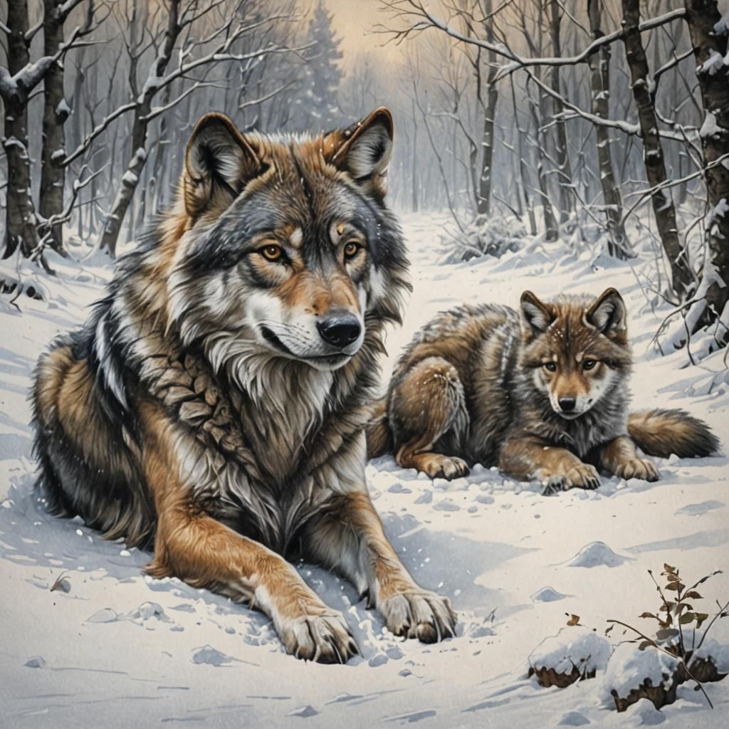 Wolf Mother and Cub Pencil Art