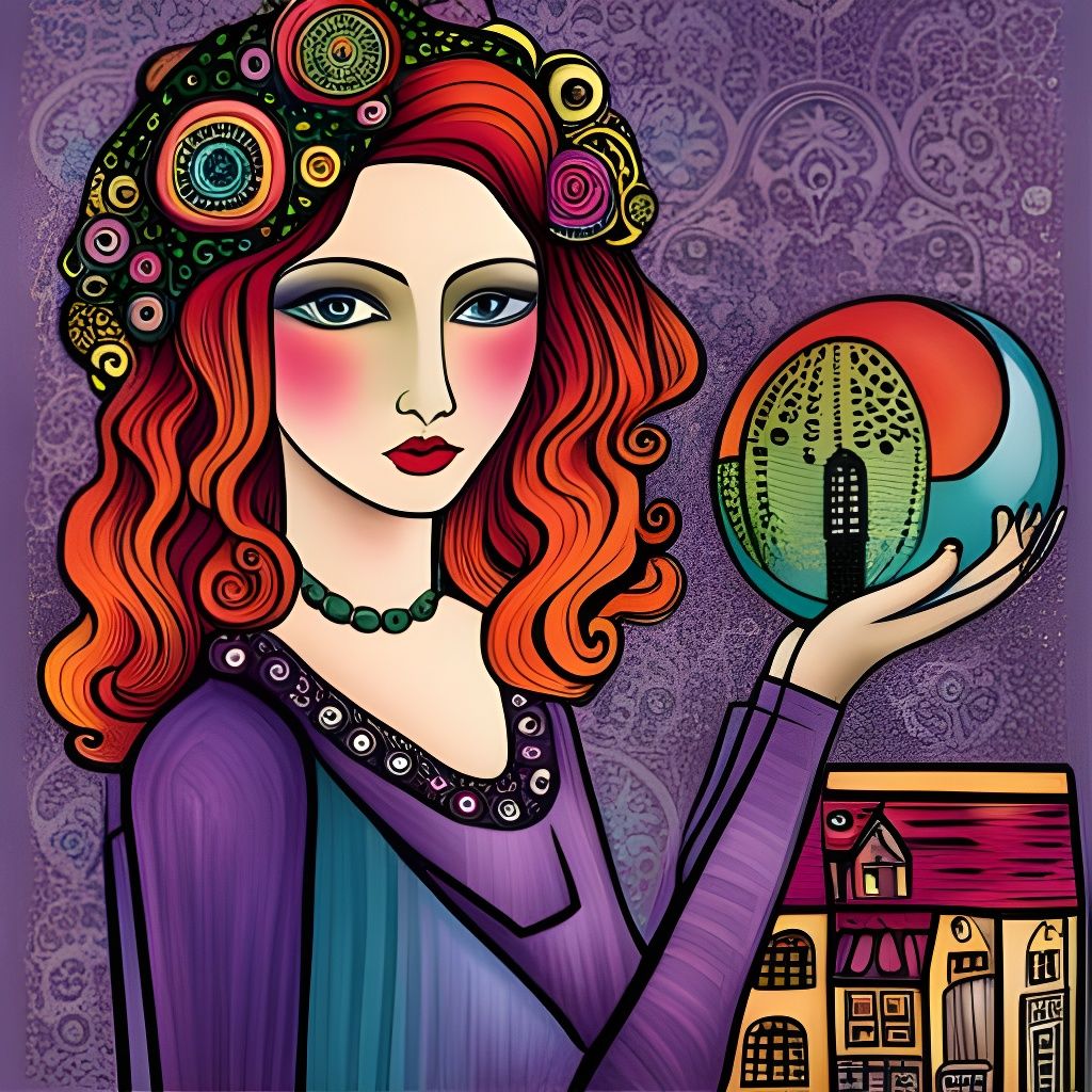 Bohemian Witch Consulting Crystal Ball in Art Brut Style
