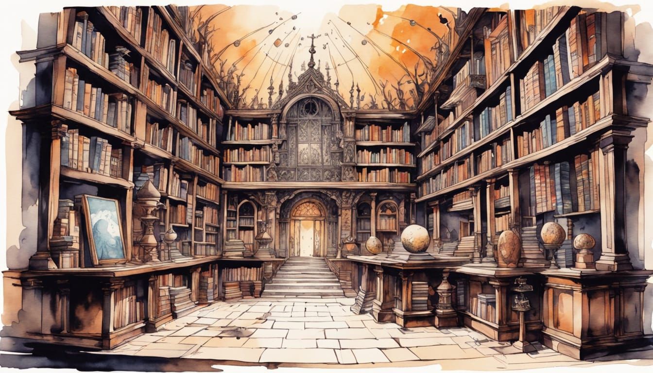 Enchanted Occult Library in Vibrant Watercolor