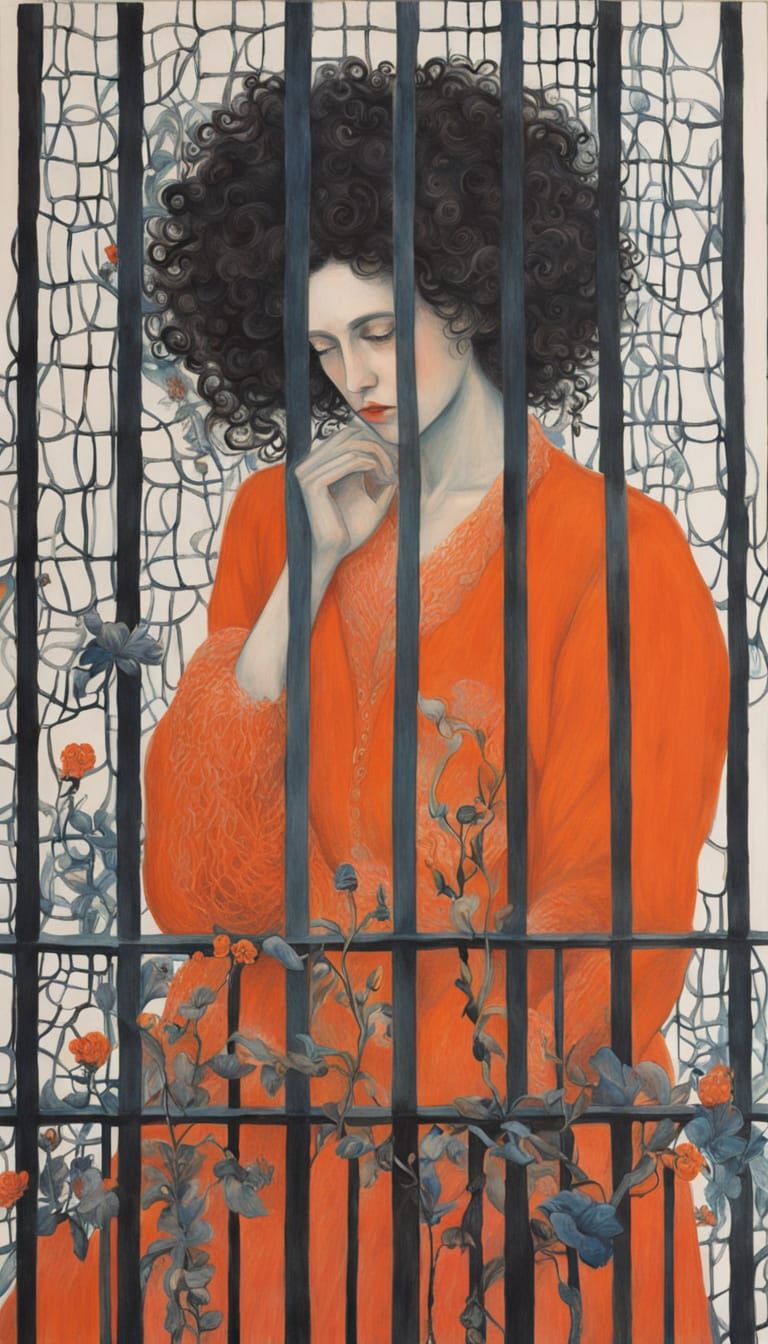 Woman Behind Bars in Orange Clothes