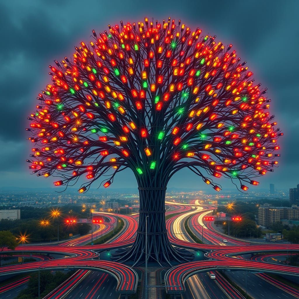 Hyperrealistic Traffic Light Tree Rises from Intersection