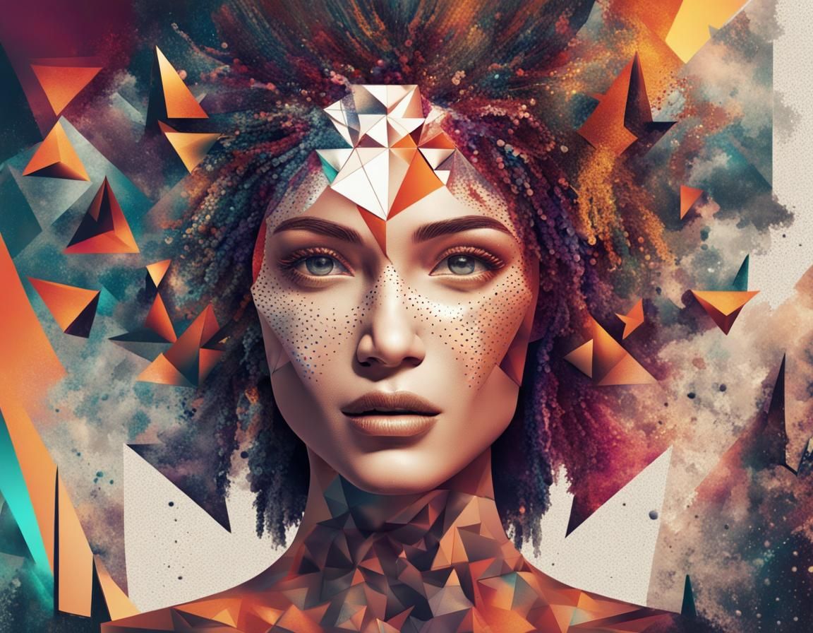 Abstract Woman's Face with Dot-Patterned Pyramids