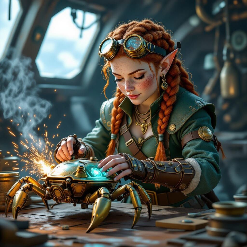 Female Gnome Artificer with Crab Drone in Steampunk Nautical...