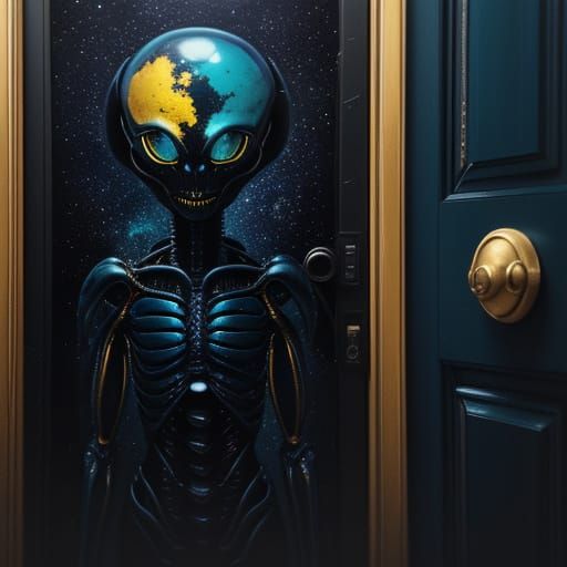 Alien Encounter Through Surreal Teal Portals