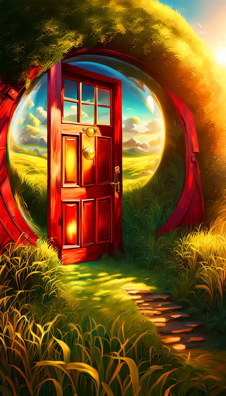 Red Door in Golden Globe, Surreal Oil Painting
