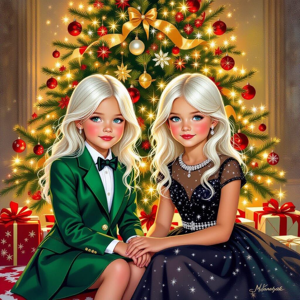 Whimsical Christmas Scene: Girls by Festive Tree
