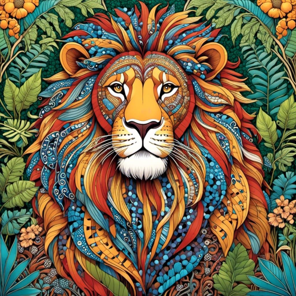 Majestic Zentangled Lion in Jungle Setting