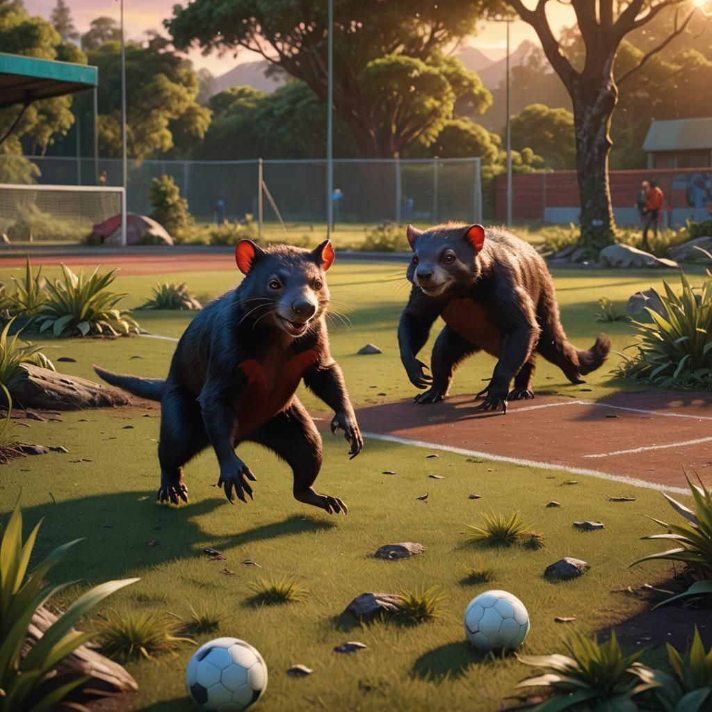 Tasmanian Devil and Sloth on Soccer Field in Oil Painting