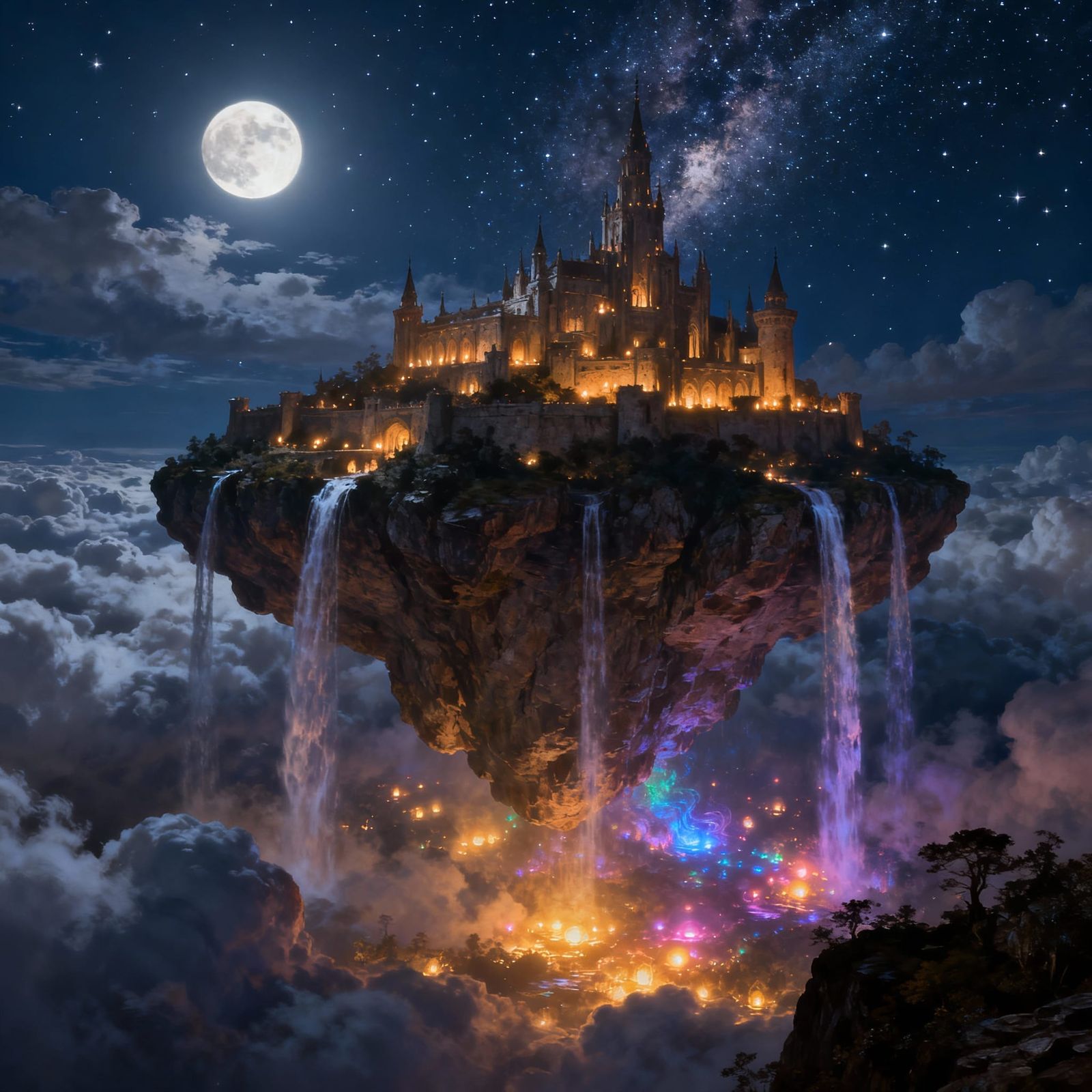 Majestic Floating Castle Above Clouds With Waterfalls
