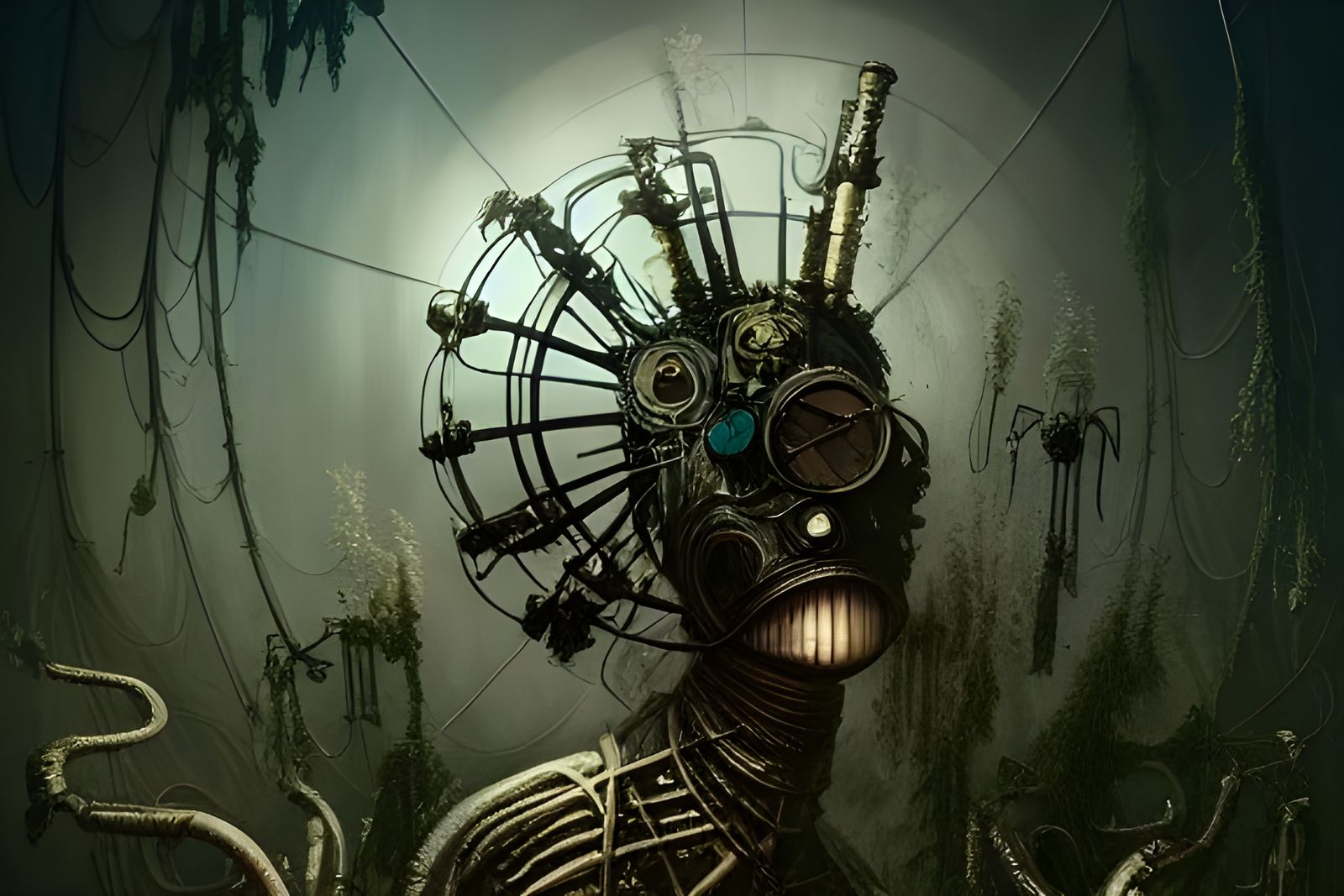 Moss-Covered Oracle with Steampunk Spider, Digital Illustrat...