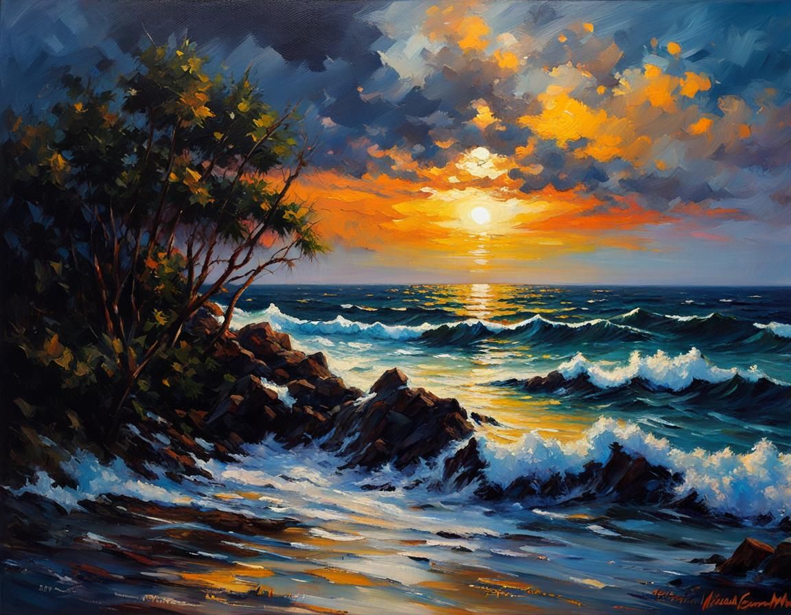 Impressionistic Ocean at Night in Expressionist Style