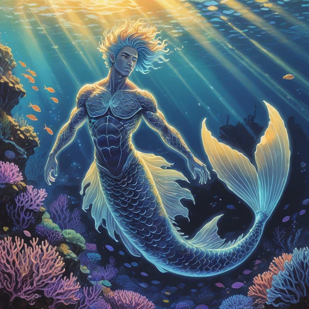 Merman Swimming Through Coral Reef: Anime-Inspired Art