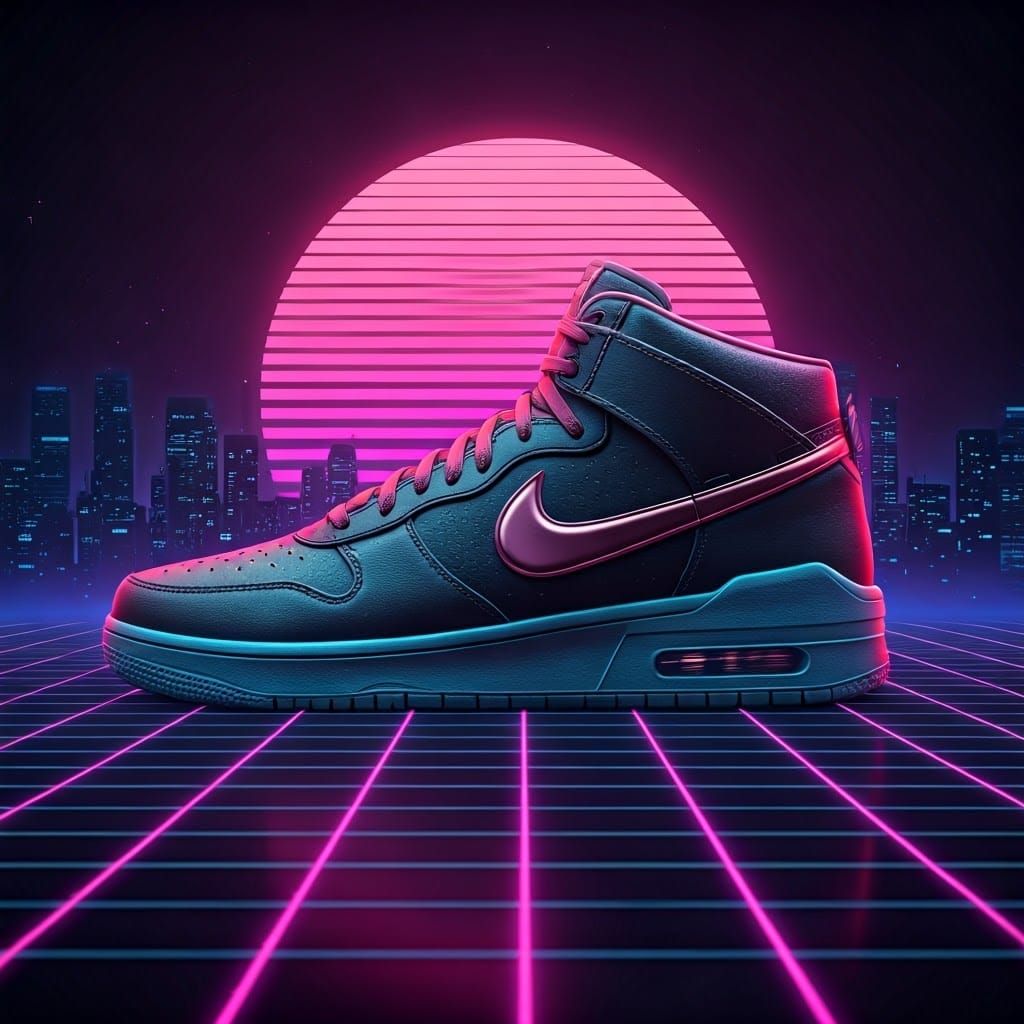 Futuristic Nike Shoe in Synthwave Cityscape