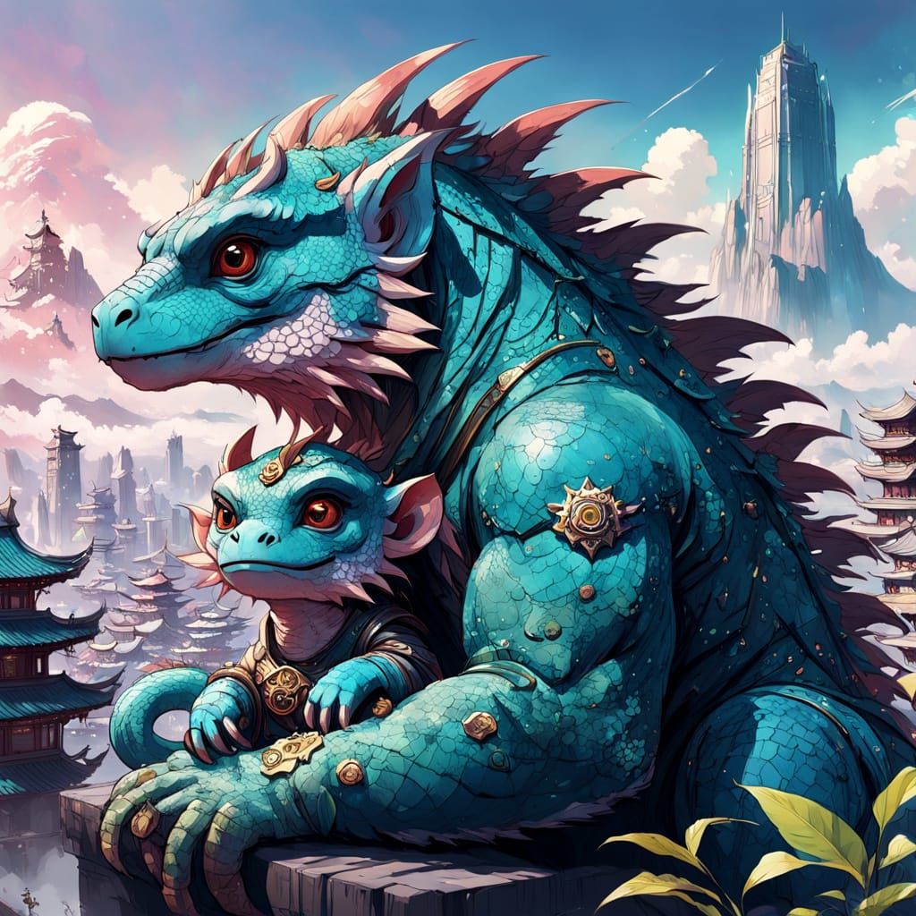 Pastel Kaiju Chibi Embracing in Vibrant Cityscape