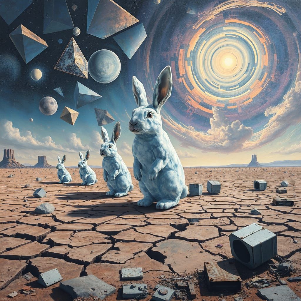 Giant Crystal Rabbits Emerge Under Cosmic Sky