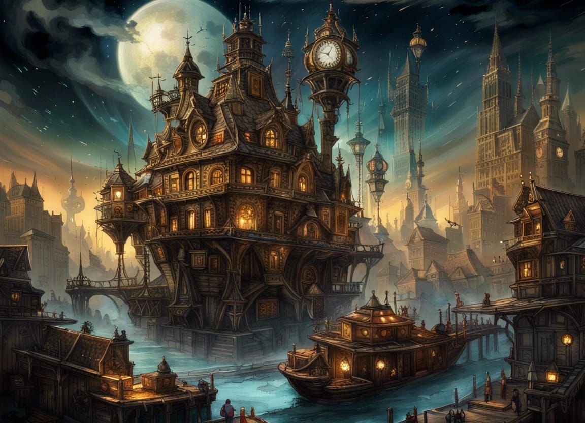 Steampunk Clockwork Town Time Machine: Digital Illustration